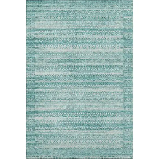 Aqua And Ivory Striped Washable Area Rug With UV Protection Photo 1
