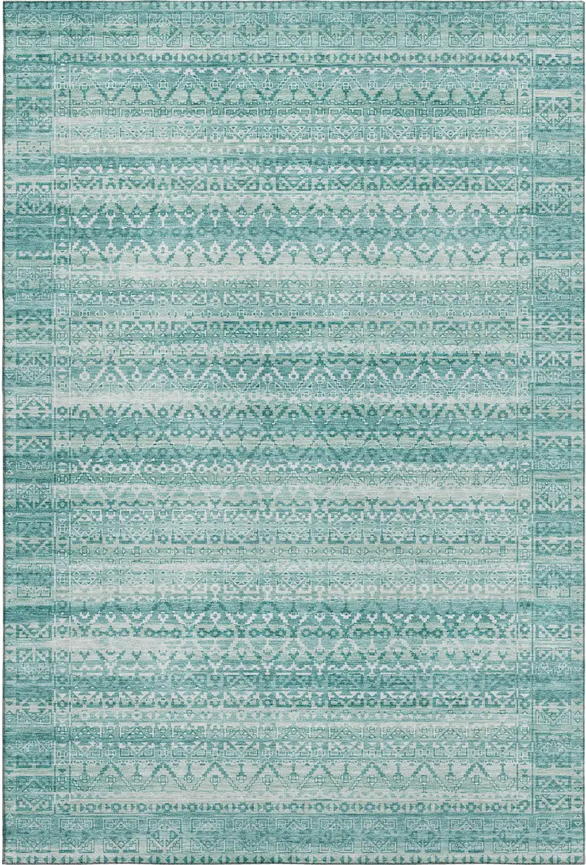 Aqua And Ivory Striped Washable Area Rug With UV Protection Photo 1
