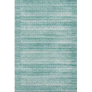 Photo of Aqua And Ivory Striped Washable Area Rug With UV Protection