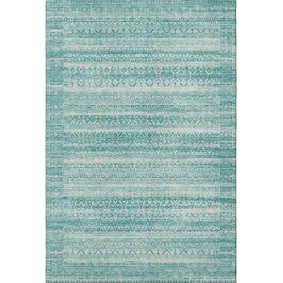 Aqua And Ivory Striped Washable Area Rug With UV Protection Photo 4