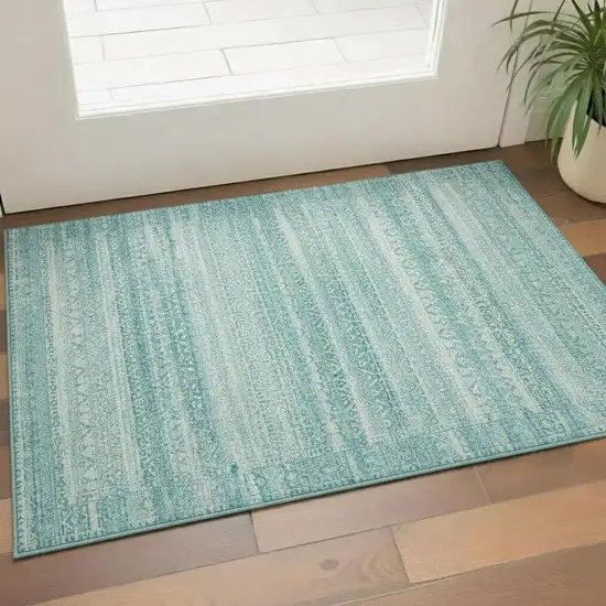Aqua And Ivory Striped Washable Area Rug With UV Protection Photo 2