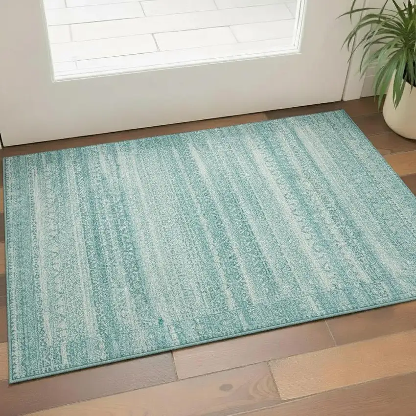 Aqua And Ivory Striped Washable Area Rug With UV Protection Photo 2