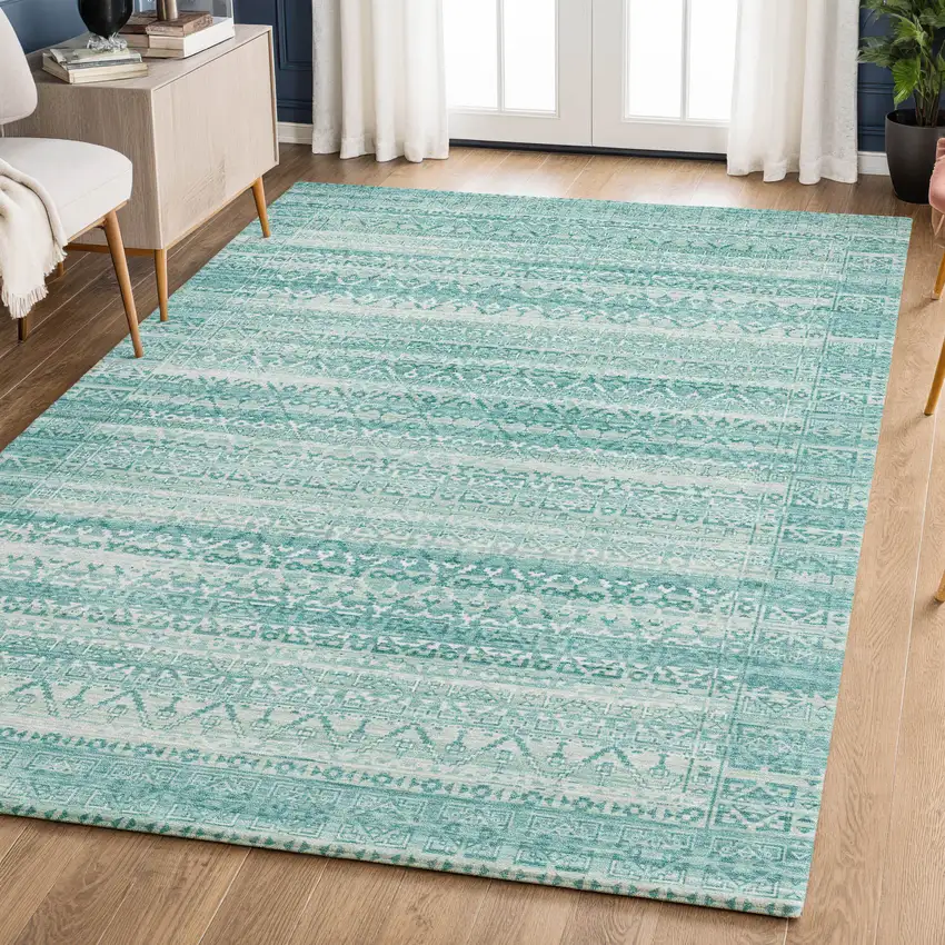 Aqua And Ivory Striped Washable Area Rug With UV Protection Photo 6