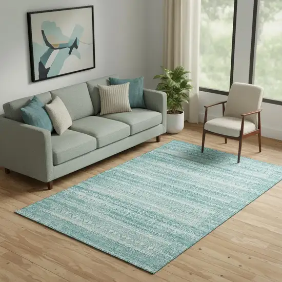 Aqua And Ivory Striped Washable Area Rug With UV Protection Photo 2