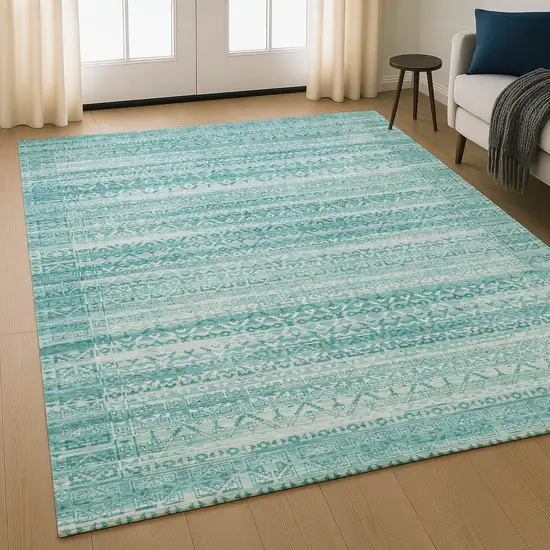 Aqua And Ivory Striped Washable Area Rug With UV Protection Photo 5