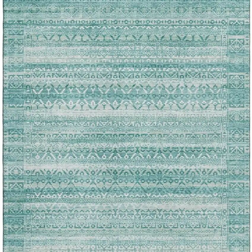 Aqua And Ivory Striped Washable Area Rug With UV Protection Photo 4