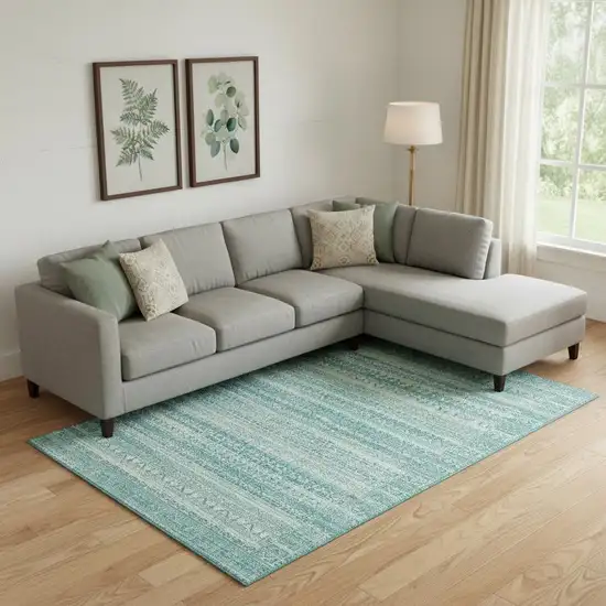 Aqua And Ivory Striped Washable Area Rug With UV Protection Photo 2