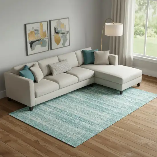 Aqua And Ivory Striped Washable Area Rug With UV Protection Photo 2