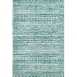 Photo of Aqua And Ivory Striped Washable Area Rug With UV Protection