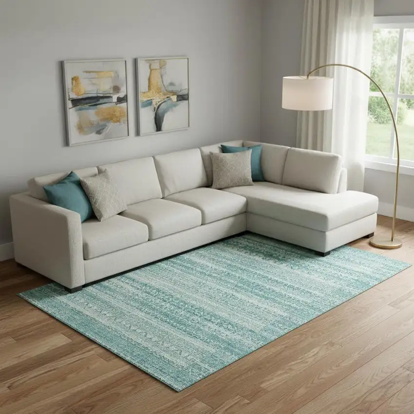 Aqua And Ivory Striped Washable Area Rug With UV Protection Photo 2