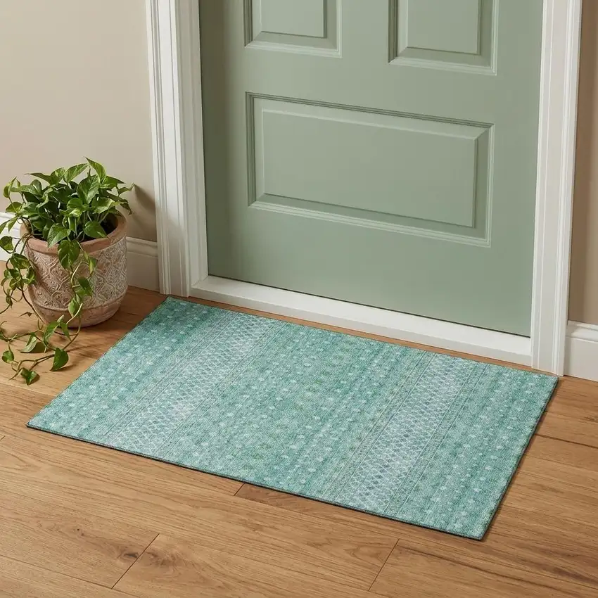 Aqua And Ivory Tribal Washable Area Rug With UV Protection Photo 1