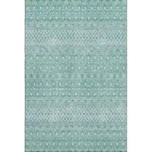 Photo of Aqua And Ivory Tribal Washable Area Rug With UV Protection