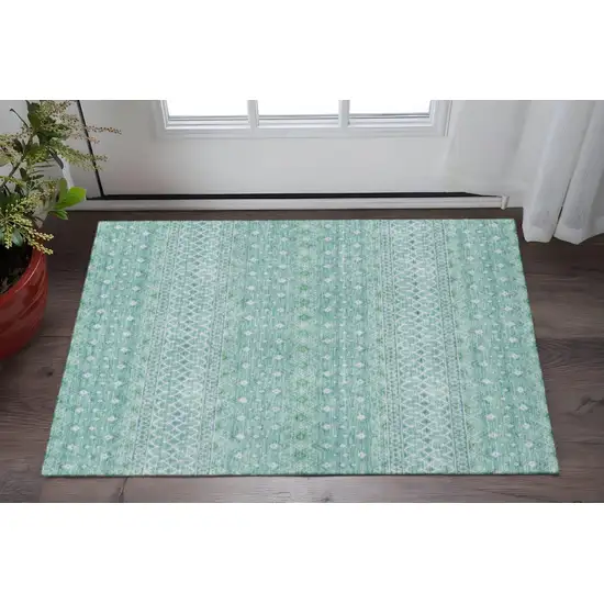 Aqua And Ivory Tribal Washable Area Rug With UV Protection Photo 2