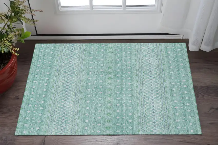 Aqua And Ivory Tribal Washable Area Rug With UV Protection Photo 2