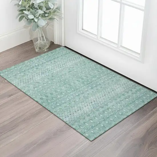Aqua And Ivory Tribal Washable Area Rug With UV Protection Photo 1