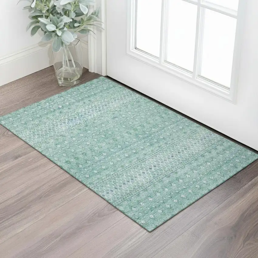 Aqua And Ivory Tribal Washable Area Rug With UV Protection Photo 1