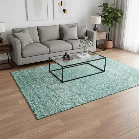 Aqua And Ivory Tribal Washable Area Rug With UV Protection Photo 1