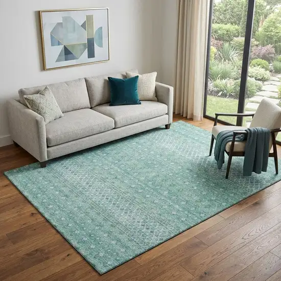 Aqua And Ivory Tribal Washable Area Rug With UV Protection Photo 1