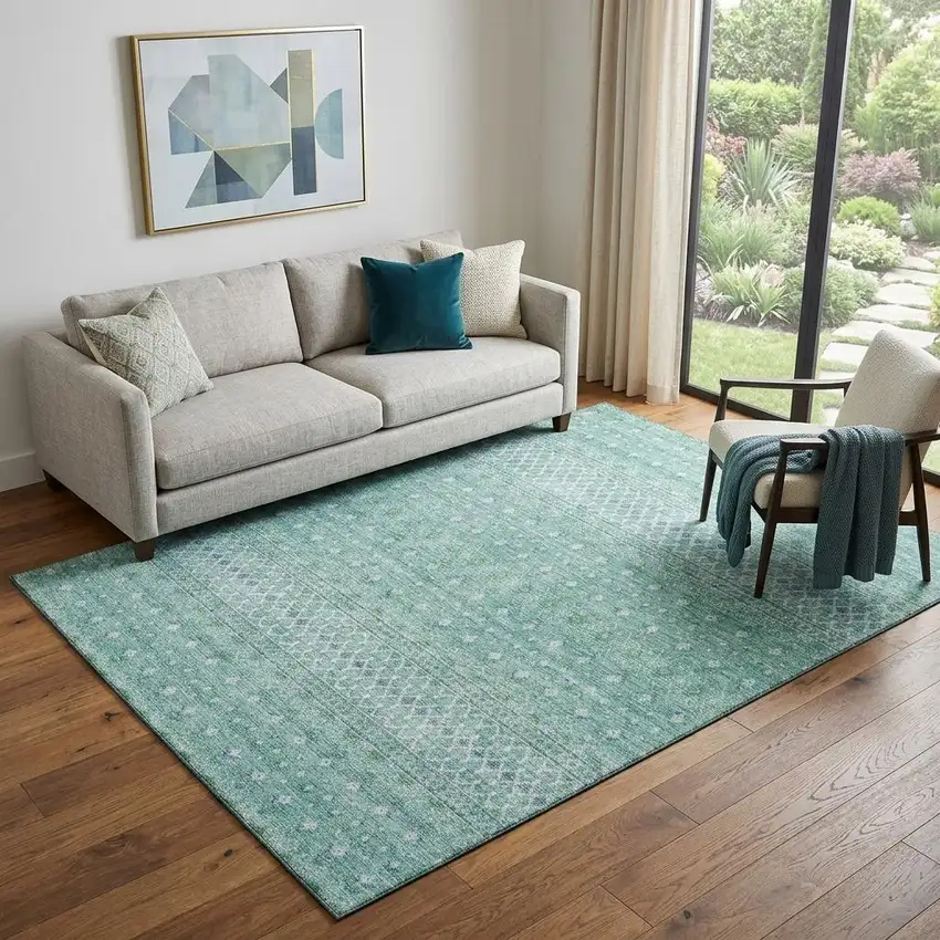 Aqua And Ivory Tribal Washable Area Rug With UV Protection Photo 1