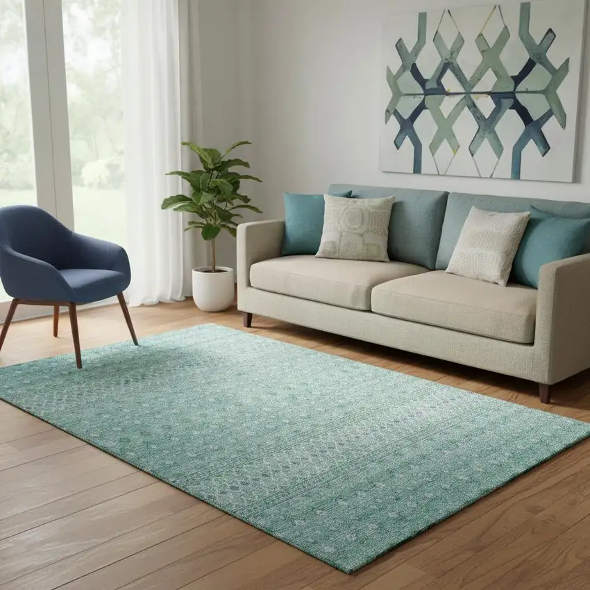 Aqua And Ivory Tribal Washable Area Rug With UV Protection Photo 1