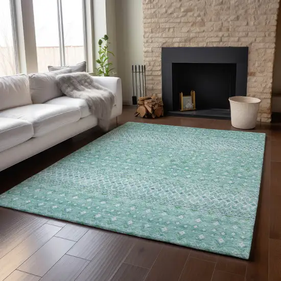 Aqua And Ivory Tribal Washable Area Rug With UV Protection Photo 5