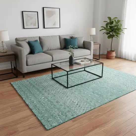 Aqua And Ivory Tribal Washable Area Rug With UV Protection Photo 3