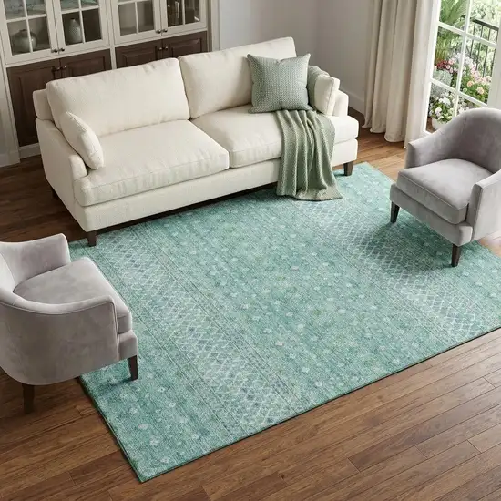 Aqua And Ivory Tribal Washable Area Rug With UV Protection Photo 1