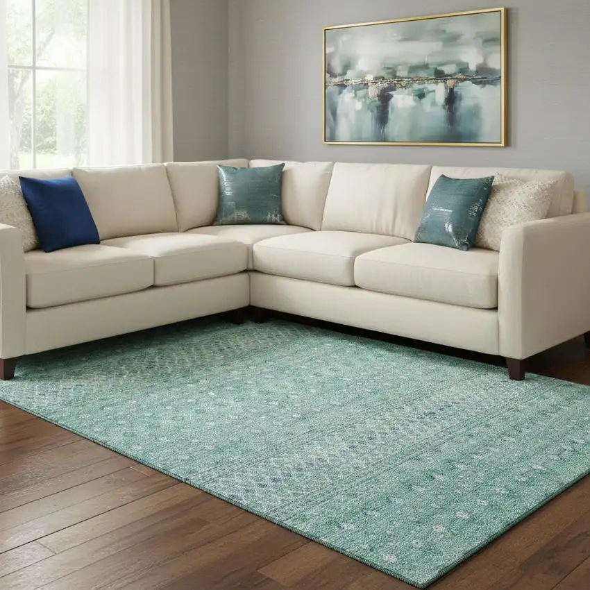 Aqua And Ivory Tribal Washable Area Rug With UV Protection Photo 1