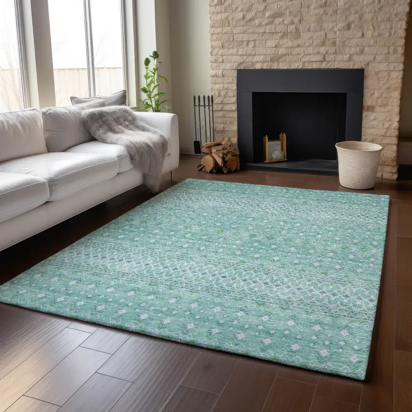 Aqua And Ivory Tribal Washable Area Rug With UV Protection Photo 4