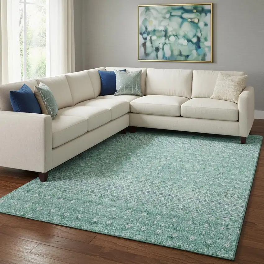 Aqua And Ivory Tribal Washable Area Rug With UV Protection Photo 1
