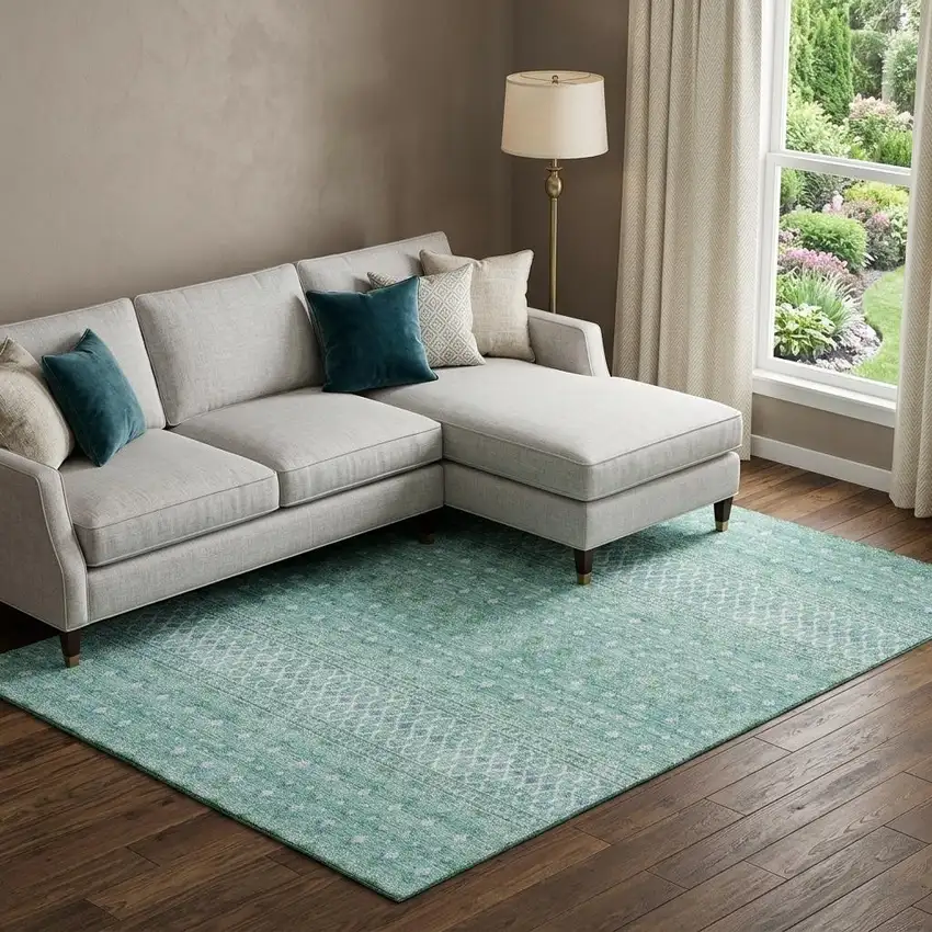 Aqua And Ivory Tribal Washable Area Rug With UV Protection Photo 1