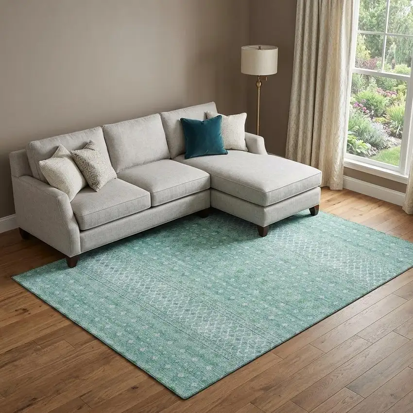 Aqua And Ivory Tribal Washable Area Rug With UV Protection Photo 1