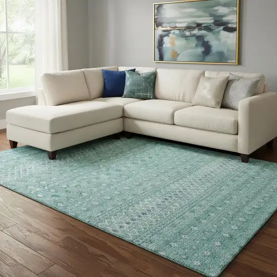 Aqua And Ivory Tribal Washable Area Rug With UV Protection Photo 1