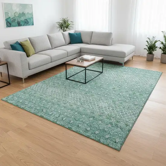 Aqua And Ivory Tribal Washable Area Rug With UV Protection Photo 1