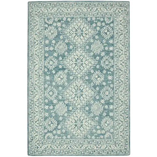 Aqua And Ivory Wool Geometric Hand Hooked Area Rug Photo 2