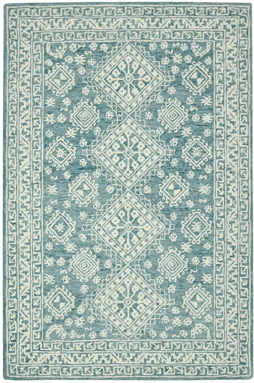 Aqua And Ivory Wool Geometric Hand Hooked Area Rug Photo 2