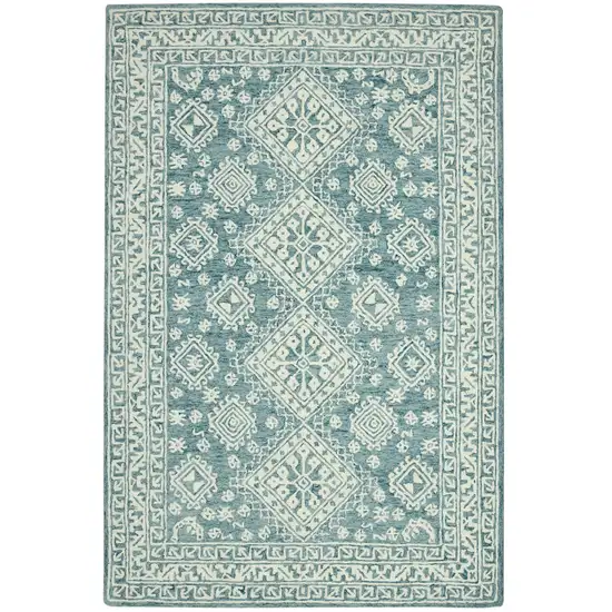 Aqua And Ivory Wool Geometric Hand Hooked Area Rug Photo 4