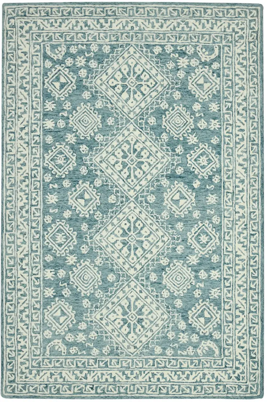 Aqua And Ivory Wool Geometric Hand Hooked Area Rug Photo 4