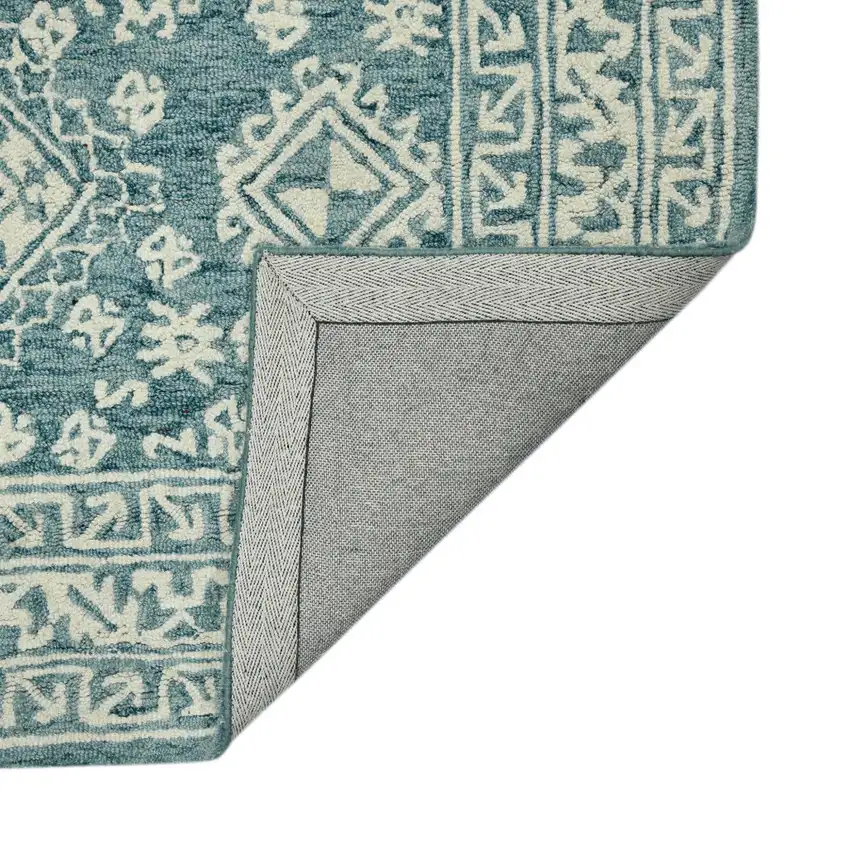 Aqua And Ivory Wool Geometric Hand Hooked Area Rug Photo 9