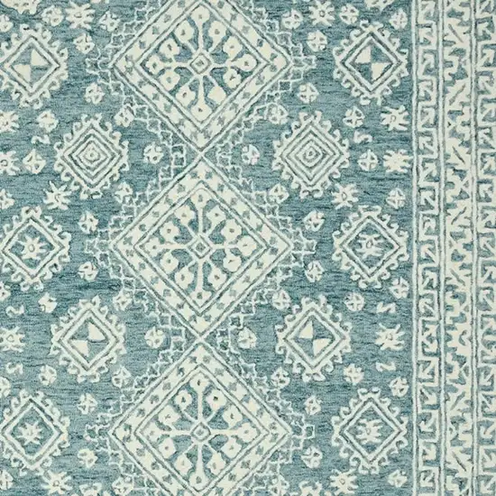Aqua And Ivory Wool Geometric Hand Hooked Area Rug Photo 5