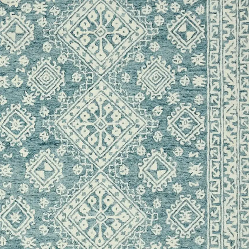 Aqua And Ivory Wool Geometric Hand Hooked Area Rug Photo 5