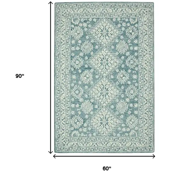 Aqua And Ivory Wool Geometric Hand Hooked Area Rug Photo 3