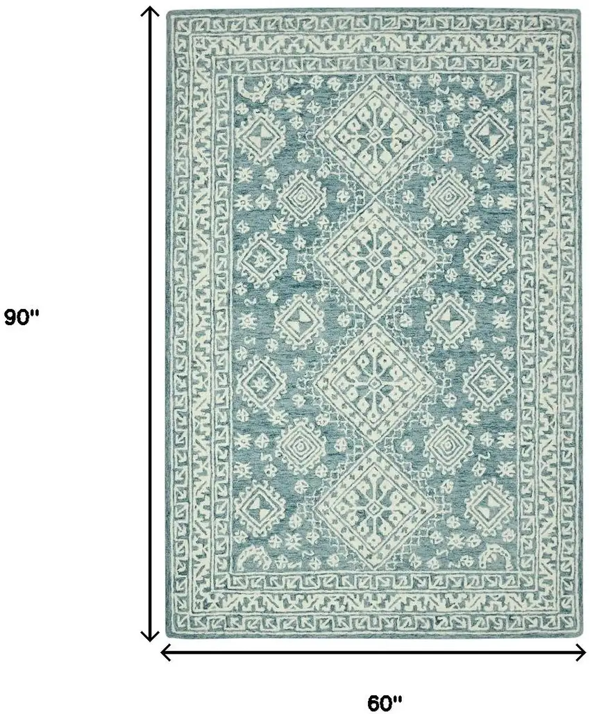 Aqua And Ivory Wool Geometric Hand Hooked Area Rug Photo 3