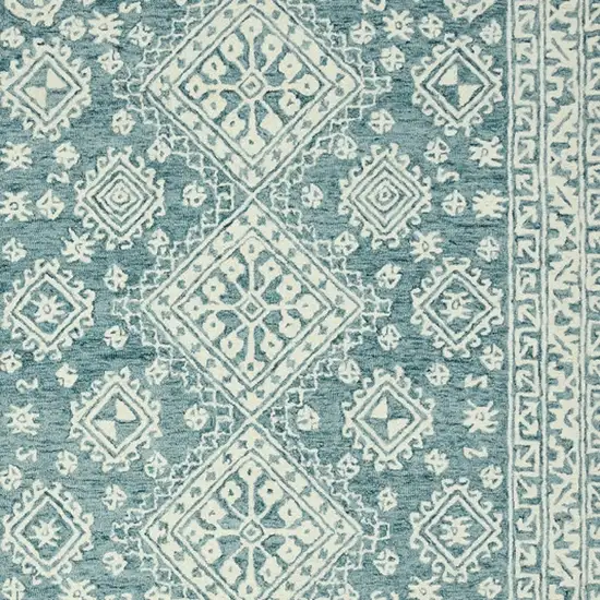 Aqua And Ivory Wool Geometric Hand Hooked Area Rug Photo 9