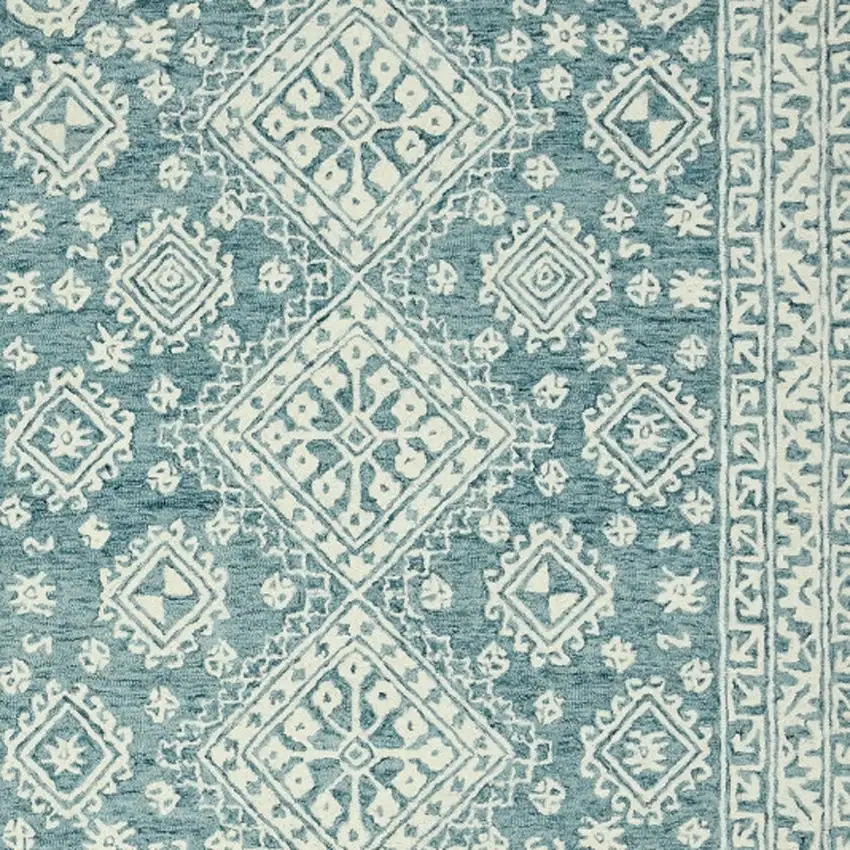 Aqua And Ivory Wool Geometric Hand Hooked Area Rug Photo 9