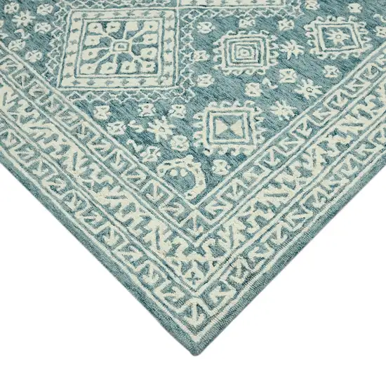 Aqua And Ivory Wool Geometric Hand Hooked Area Rug Photo 8