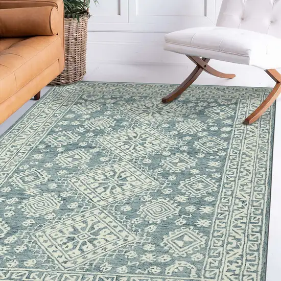 Aqua And Ivory Wool Geometric Hand Hooked Area Rug Photo 6