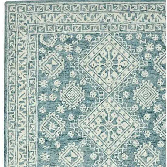 Aqua And Ivory Wool Geometric Hand Hooked Area Rug Photo 7