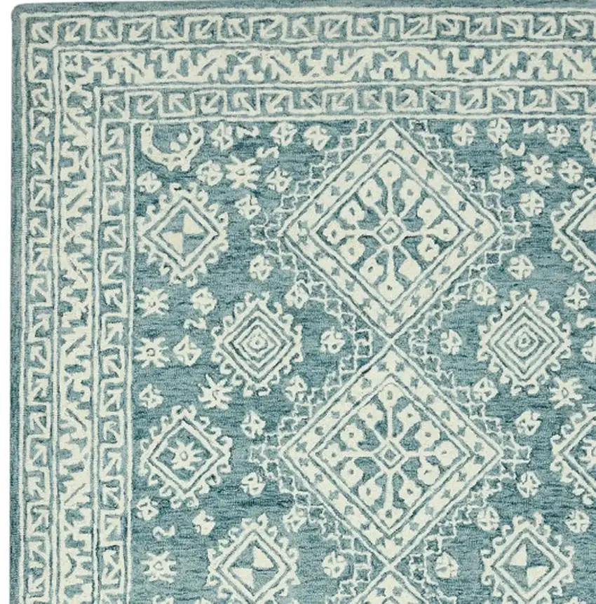 Aqua And Ivory Wool Geometric Hand Hooked Area Rug Photo 7