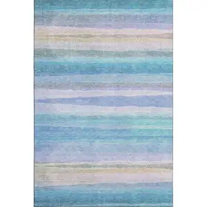 Photo of Aqua And Lavender Striped Washable Area Rug With UV Protection